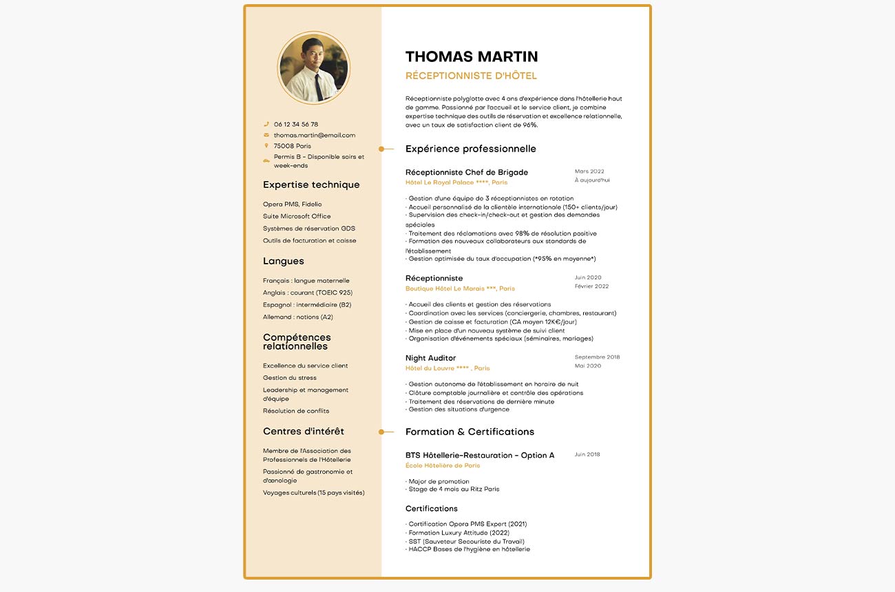 Exemple de CV de réceptionniste d'hôtel créé en ligne